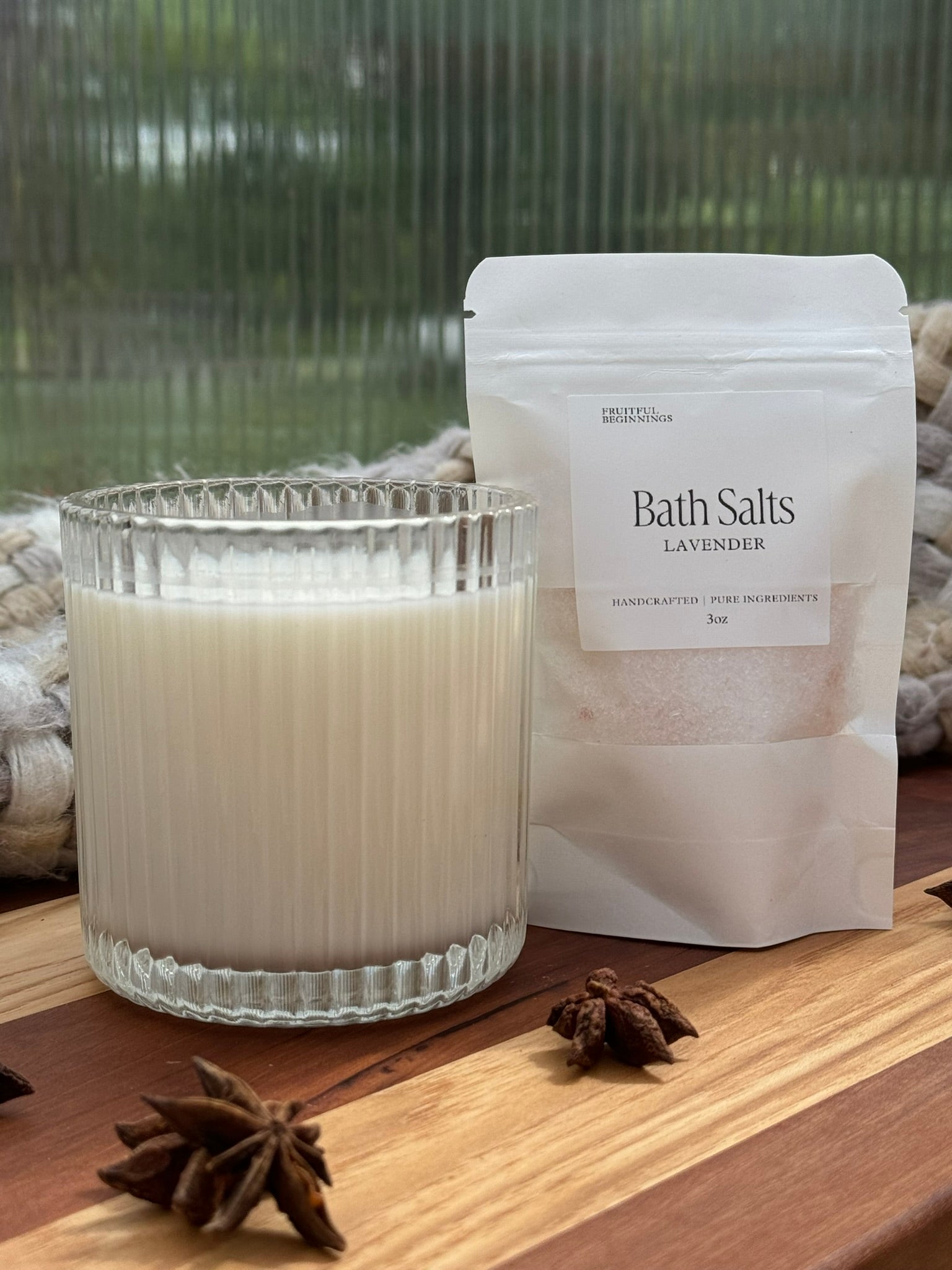 Lavender Bath Salts + Warm & Cozy Fluted Candle Bundle
