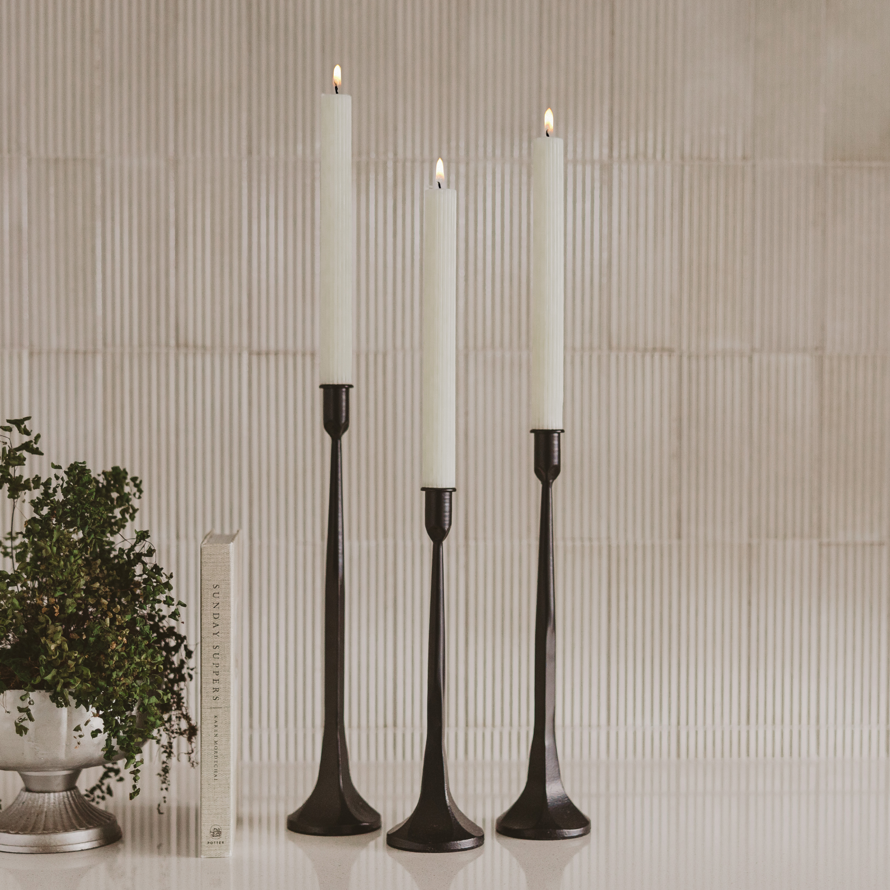 White Fluted Taper Candles, Set of 3