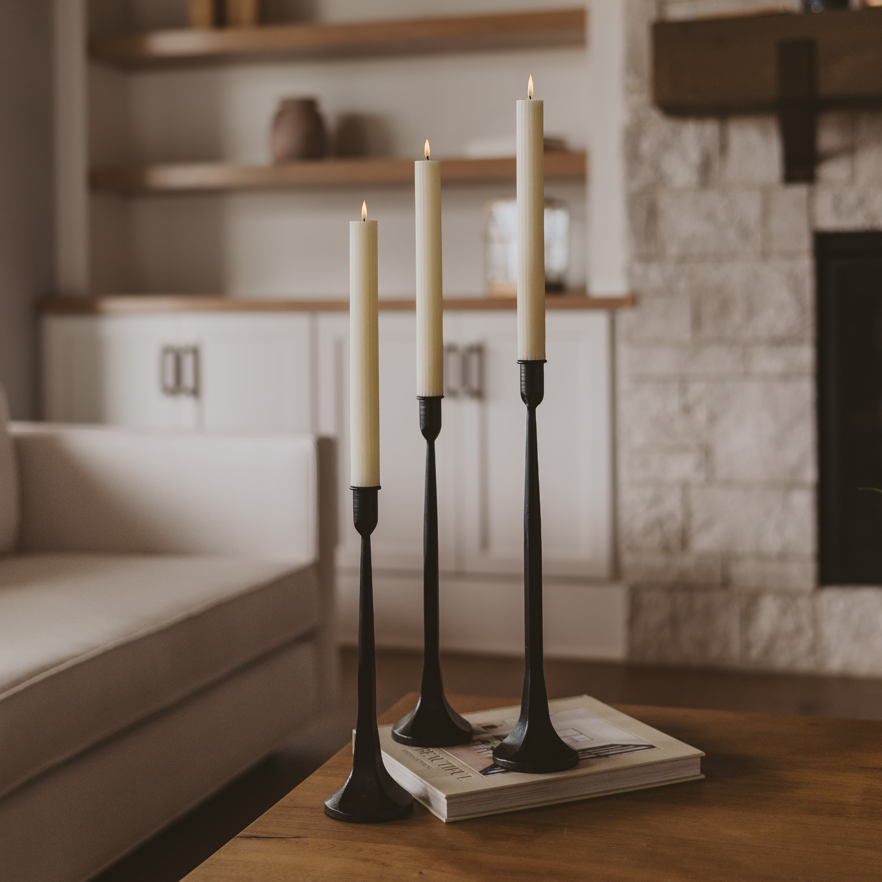 White Fluted Taper Candles, Set of 3